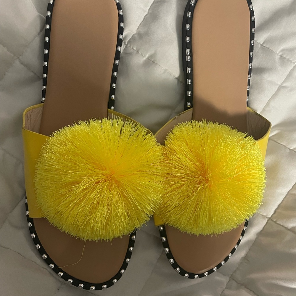 Yellow Pom-Pom Slide Sandals-Size 41